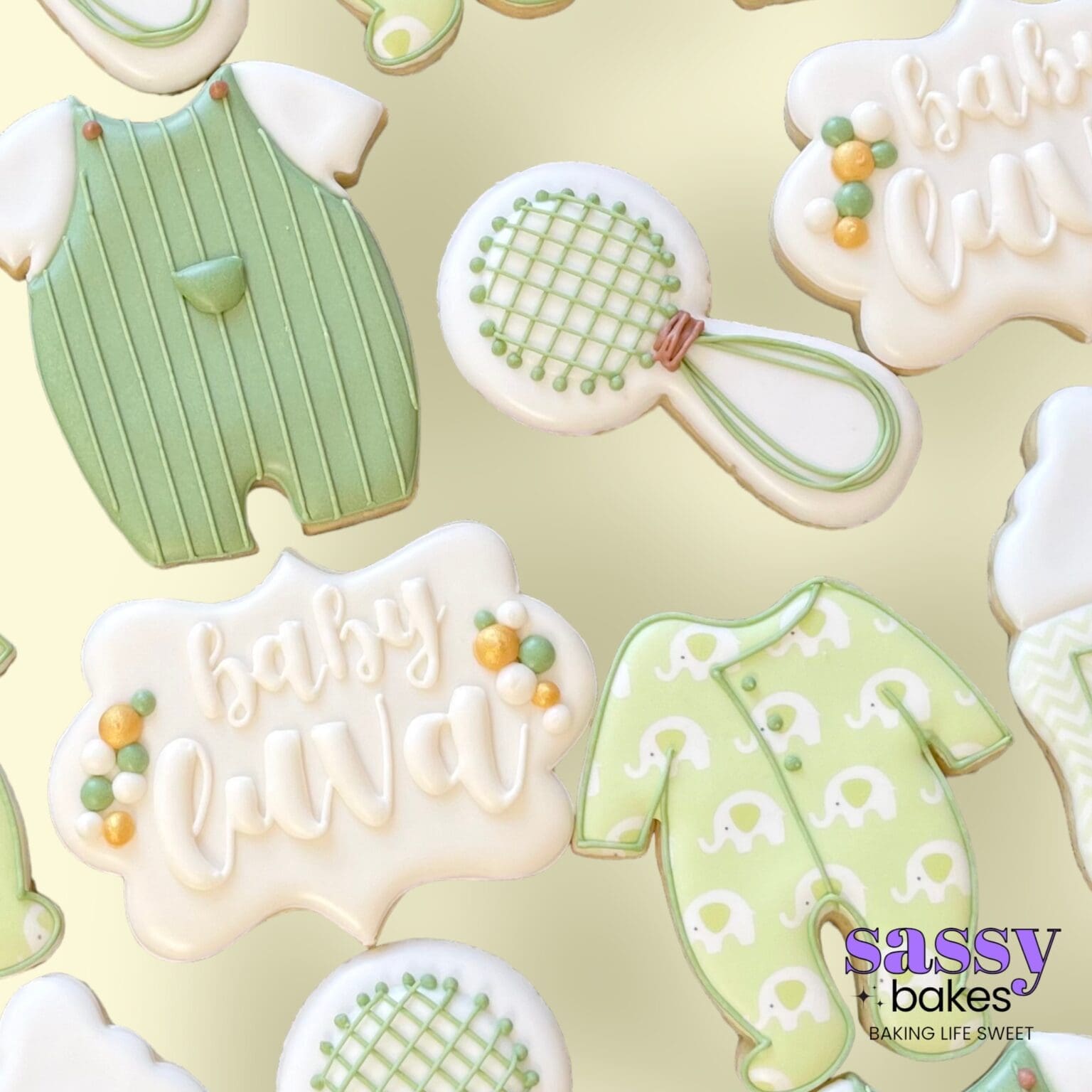 Sage green baby shower cookies